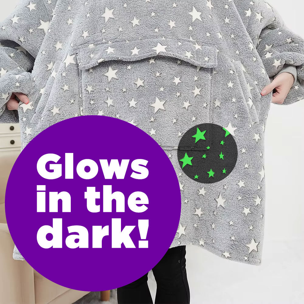 Gray jacket with star patterns and a glowing patch, labeled 'Glow in the dark!'.