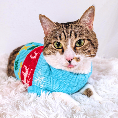 Holiday Knit Pet Sweater – Blue Reindeer Pattern for Cats & Small Dogs