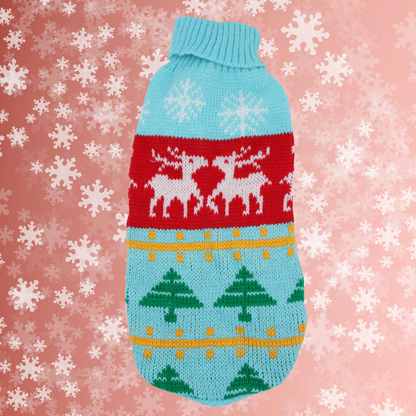 Holiday Knit Pet Sweater – Blue Reindeer Pattern for Cats & Small Dogs