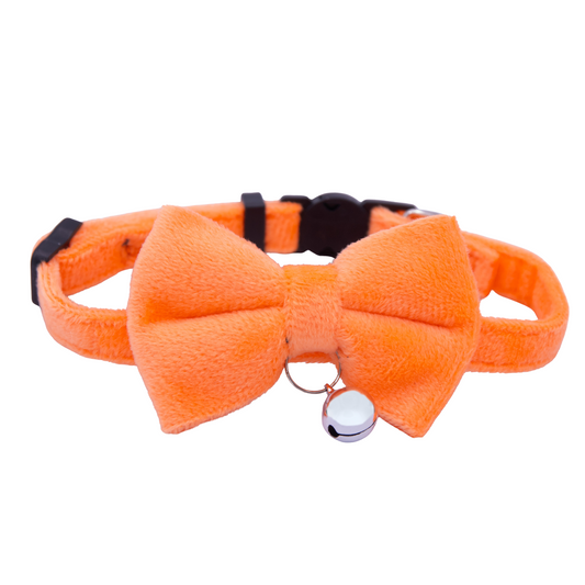 Orange pet collar with a bow tie and bell on a white background