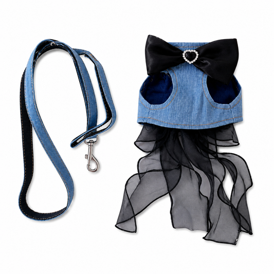 Black Denim Bow Cat Harness with Ribbon Streamers