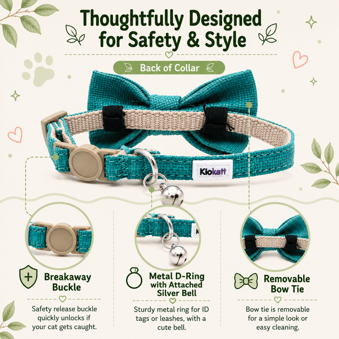 Teal Hemp Cotton Bowtie Cat Collar
