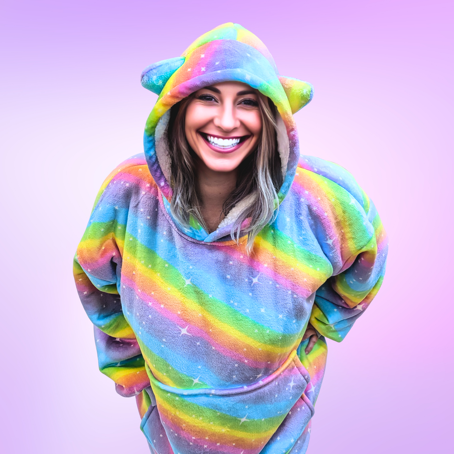 Rainbow Star Cat Ear Oversized Hoodie Blanket