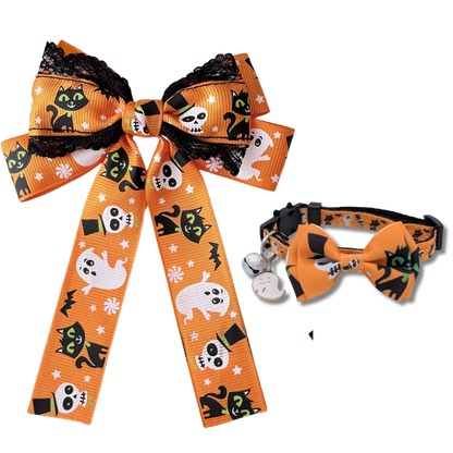 Halloween Pawsome pair - orange hair bow and cat collar