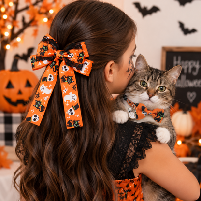 Halloween Pawsome pair - orange hair bow and cat collar