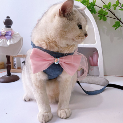 Pink Denim Bow Cat Harness with Ribbon Streamers