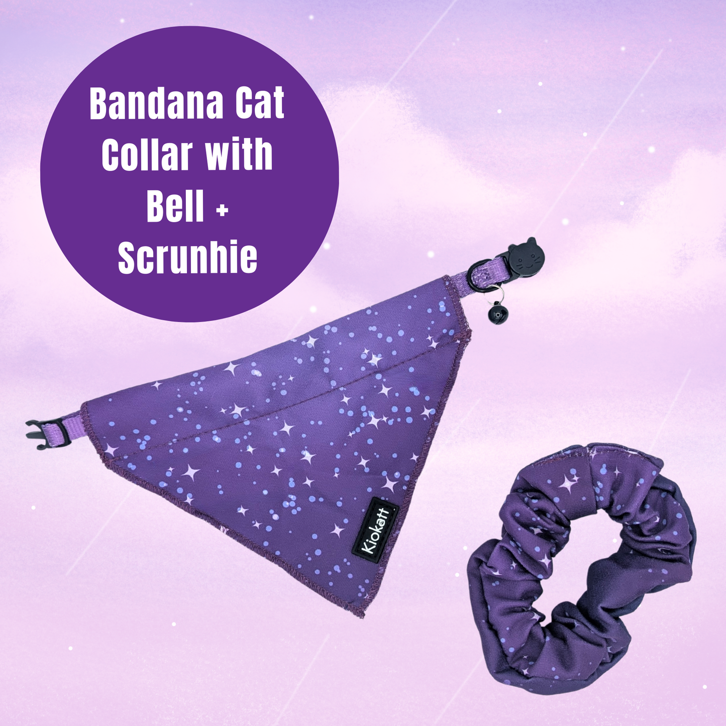 Pawsome Pair – Purple Stars Bandana Cat Collar + Matching Scrunchie