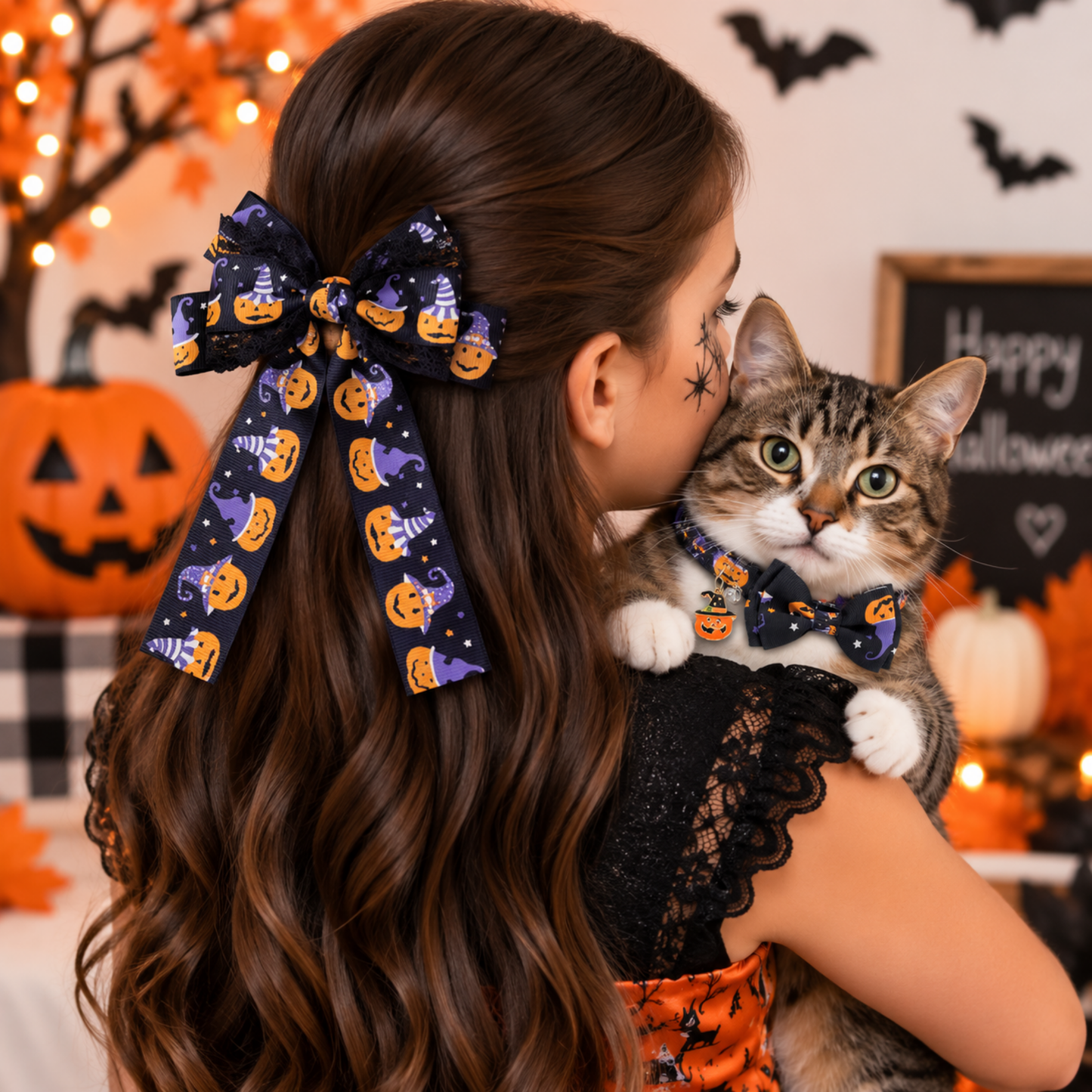 Halloween Pawsome pair - purple black hair bow and cat collar