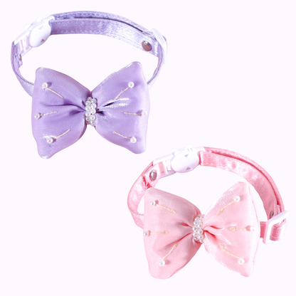 Satin Puffed Bow Cat Collar Set of 2 - Pink & Purple