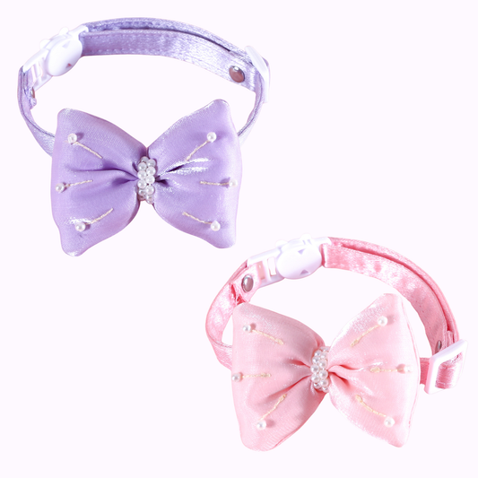 Satin Puffed Bow Cat Collar Set of 2 - Pink & Purple