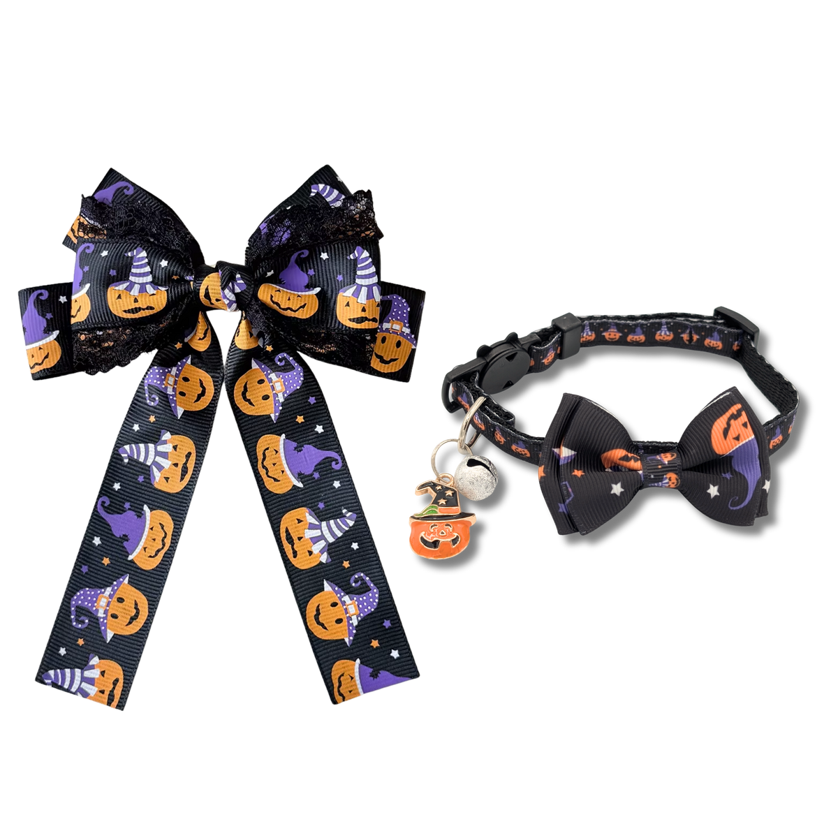 Halloween Pawsome pair - purple black hair bow and cat collar
