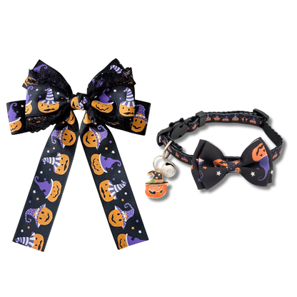 Halloween Pawsome pair - purple black hair bow and cat collar
