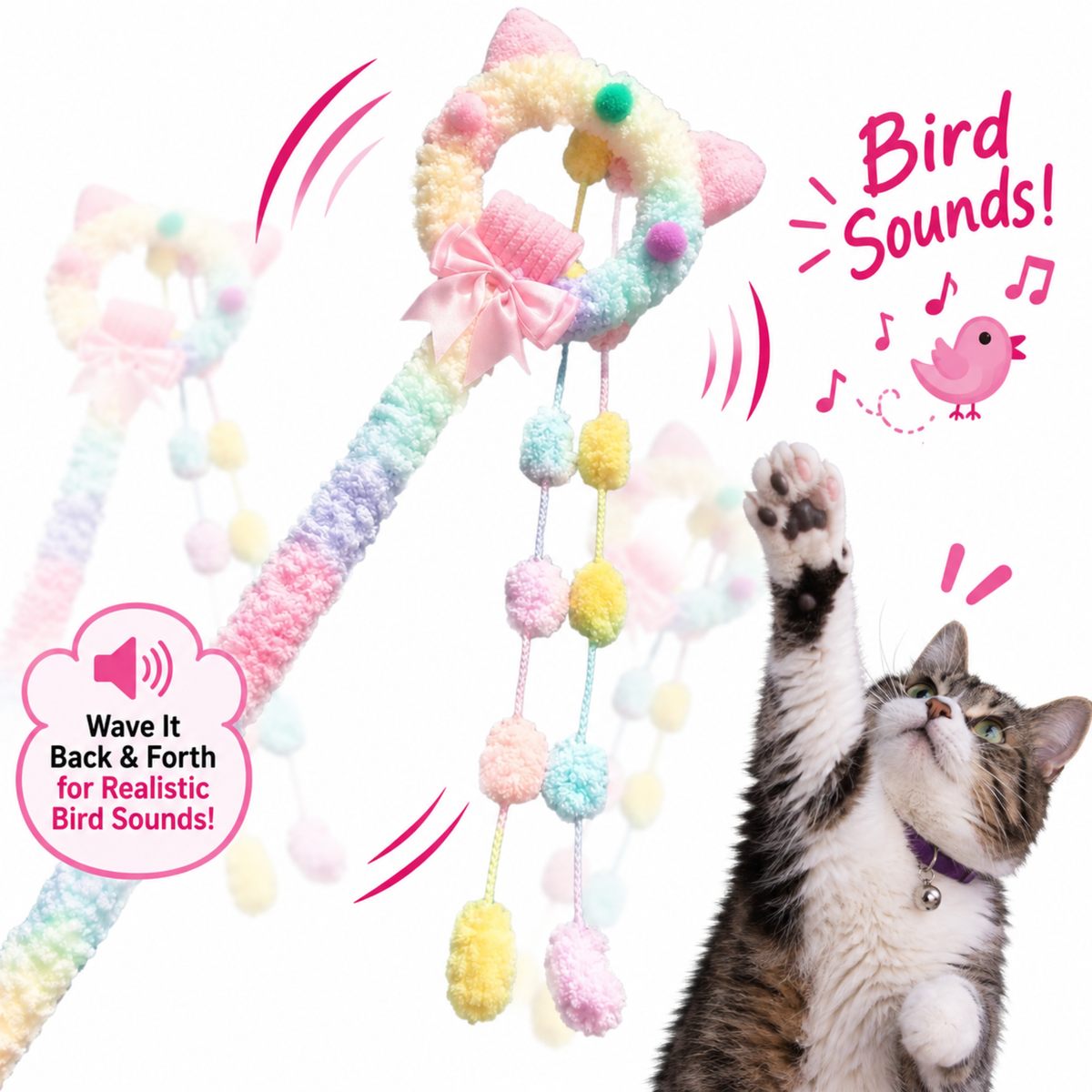 Pastel Rainbow Cat Ear Wand Toy