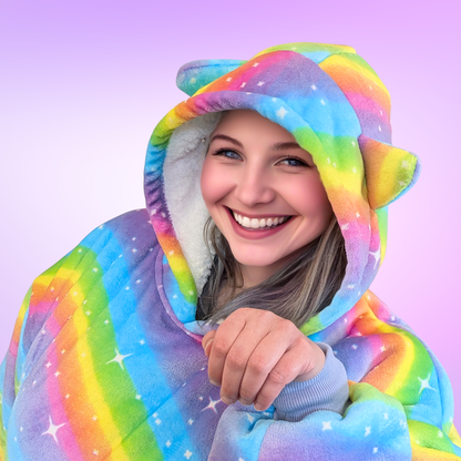 Rainbow Star Cat Ear Oversized Hoodie Blanket