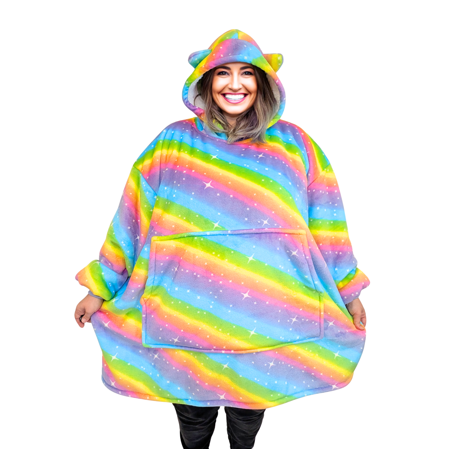 Rainbow Star Cat Ear Oversized Hoodie Blanket