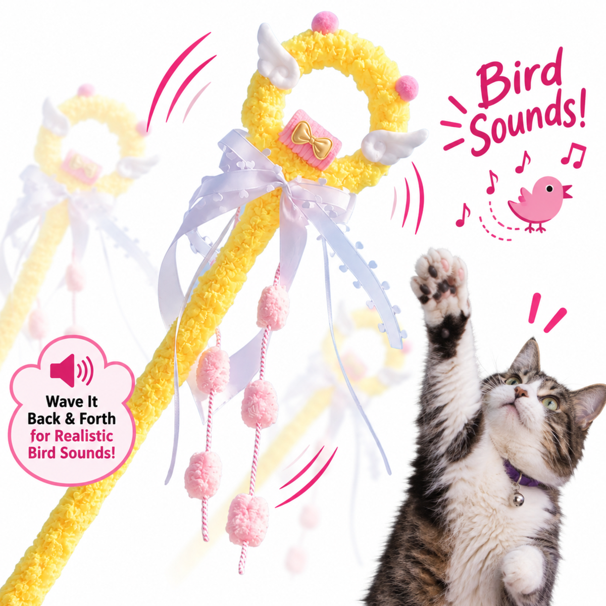 Yellow Angel Wing Cat Wand Toy