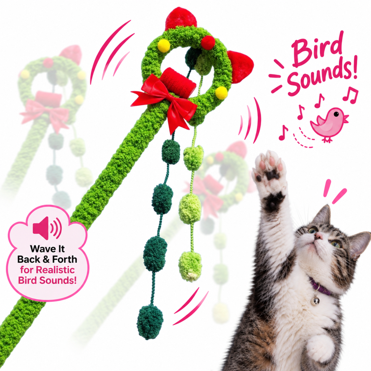 Green Cat Wand Toy with Red Bow
