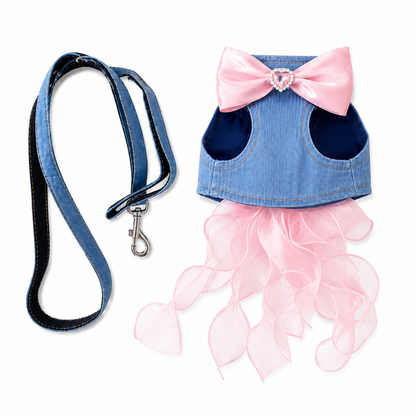 Pink Denim Bow Cat Harness with Ribbon Streamers