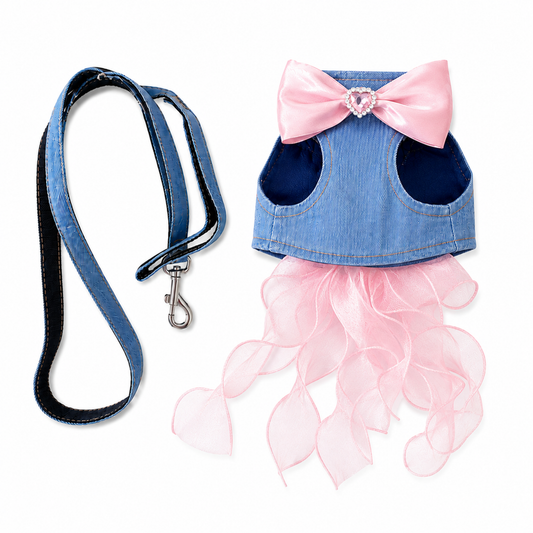 Pink Denim Bow Cat Harness with Ribbon Streamers